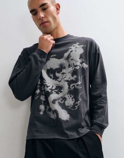 ASOS DESIGN ASOS DESIGN oversized long sleeve T-shirt with dragon graphic in washed charcoal-Gray