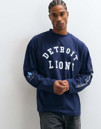 ASOS DESIGN ASOS DESIGN oversized long sleeve t-shirt with NFL Detroit Lions in Navy