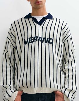 ASOS DESIGN ASOS DESIGN oversized notch neck polo in ecru and navy with graphic print-NEUTRAL