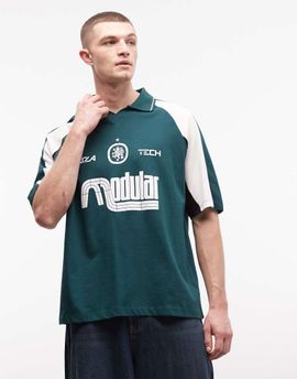 ASOS DESIGN ASOS DESIGN oversized polo shirt with cut and sew paneling and sporty graphics in dark green
