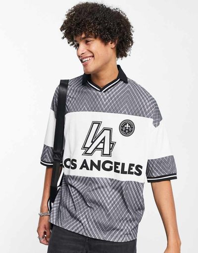 ASOS DESIGN ASOS DESIGN oversized polo T-shirt in retro football print in black & white