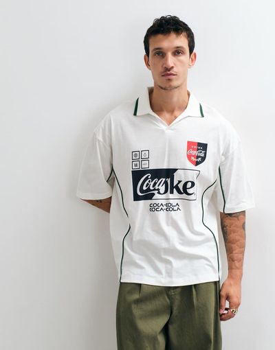 ASOS DESIGN ASOS DESIGN oversized polo with Coca Cola Football Print with piping in White