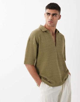 ASOS DESIGN ASOS DESIGN oversized polo with open neck in khaki texture-Green