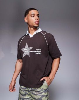 ASOS DESIGN ASOS DESIGN oversized polo with sports graphics and airtex paneling in brown