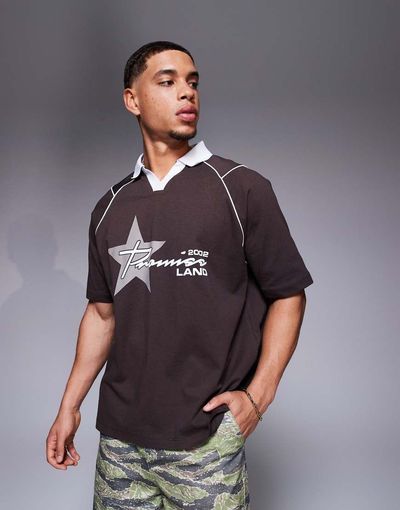 ASOS DESIGN ASOS DESIGN oversized polo with sports graphics and airtex paneling in brown