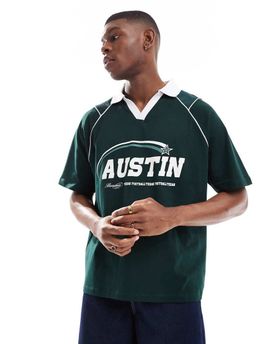 ASOS DESIGN ASOS DESIGN oversized polo with sports graphics and airtex paneling in dark green