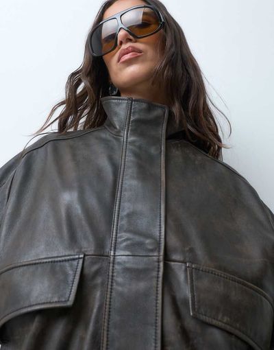 ASOS DESIGN ASOS DESIGN oversized real leather bomber jacket in washed brown