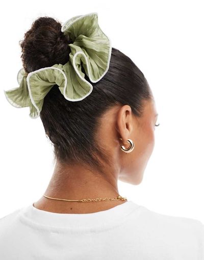 ASOS DESIGN ASOS DESIGN oversized scrunchie hairband with contrast stitching in sage green