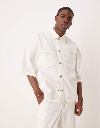 ASOS DESIGN ASOS DESIGN oversized short sleeve denim shirt with patch pockets in ecru - part of a set-White