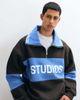 ASOS DESIGN ASOS DESIGN oversized spread collar half zip sweatshirt with contrast rib, cut & sew panel and print in brown - 1