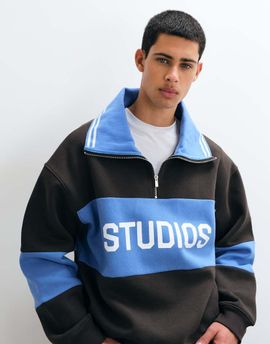 ASOS DESIGN ASOS DESIGN oversized spread collar half zip sweatshirt with contrast rib, cut & sew panel and print in brown