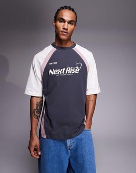 ASOS DESIGN ASOS DESIGN oversized T-shirt with cut and sew paneling and sports graphic in charcoal-Gray