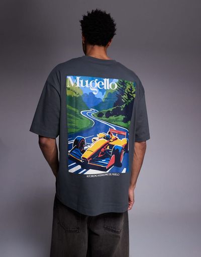 ASOS DESIGN ASOS DESIGN oversized T-shirt with race car graphic in dark gray