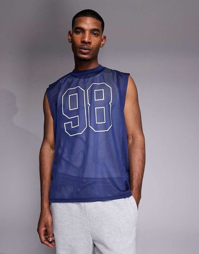 ASOS DESIGN ASOS DESIGN oversized tank with sports graphic in navy airtex