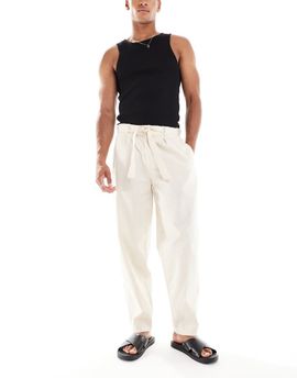 ASOS DESIGN ASOS DESIGN oversized tapered linen look pants with belt in beige-Neutral