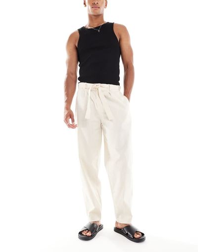 ASOS DESIGN ASOS DESIGN oversized tapered linen look pants with belt in beige-Neutral