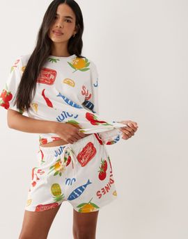 ASOS DESIGN ASOS DESIGN oversized tee & shorts pajama set in sardine summer print-Multi