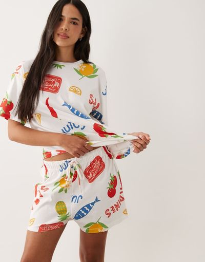 ASOS DESIGN ASOS DESIGN oversized tee & shorts pajama set in sardine summer print-Multi