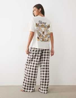 ASOS DESIGN ASOS DESIGN oversized tee and check wide leg trouser pyjama set with slow mornings graphic-Brown
