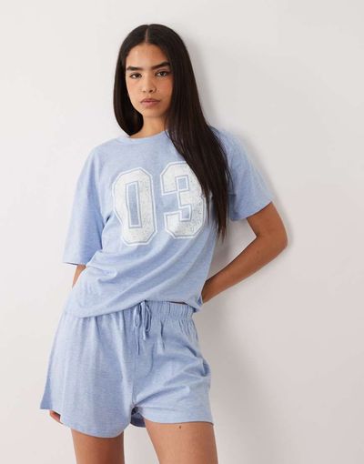 ASOS DESIGN ASOS DESIGN oversized tee and shorts pajama set with 03 graphic in blue-Multi