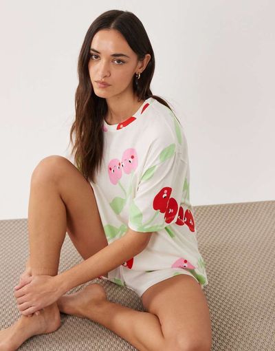 ASOS DESIGN ASOS DESIGN oversized tee and shorts pajama set with cherry print in red and pink-White
