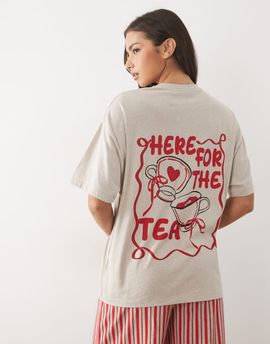 ASOS DESIGN ASOS DESIGN oversized tee and wide leg pyjama set with tea graphic in oatmeal-NEUTRAL
