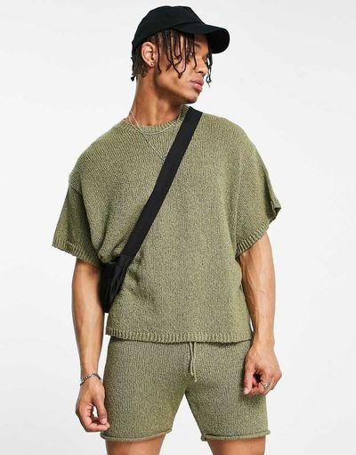 ASOS DESIGN ASOS DESIGN oversized textured T-shirt in khaki - part of a set-Green