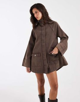 ASOS DESIGN ASOS DESIGN oversized twill funnel neck mini dress with pockets in washed chocolate-Brown