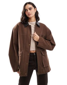 ASOS DESIGN ASOS DESIGN oversized washed jacket with leather look collar in mushroom-Neutral