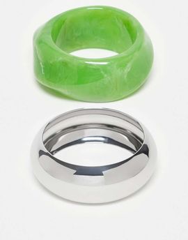 ASOS DESIGN ASOS DESIGN pack of 2 bangles in chunky green resin and silver tone-Multi