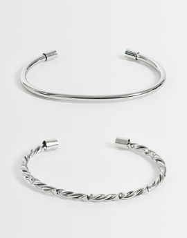 ASOS DESIGN ASOS DESIGN pack of 2 cuff bracelets with plain and twist detail in silver tone