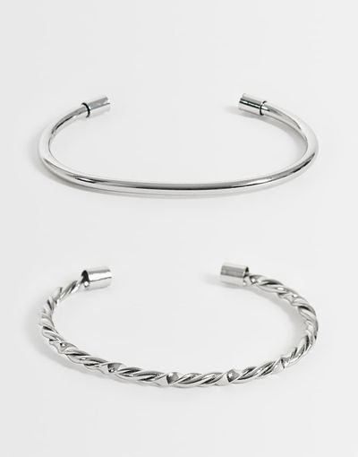 ASOS DESIGN ASOS DESIGN pack of 2 cuff bracelets with plain and twist detail in silver tone