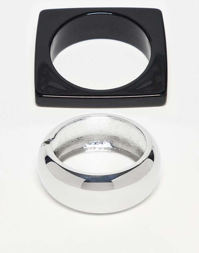 ASOS DESIGN ASOS DESIGN pack of 2 resin bangles with squared off design in black and silver tone-Multi