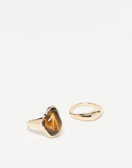 ASOS DESIGN ASOS DESIGN pack of 2 rings with real semi-precious tigers eye stone in gold tone-Multi