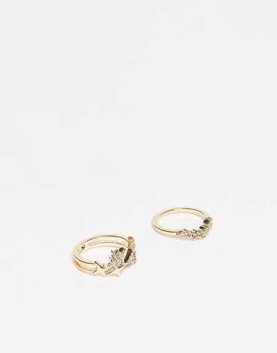 ASOS DESIGN ASOS DESIGN pack of 2 sparkly rhinestone stacking rings with star design in gold tone