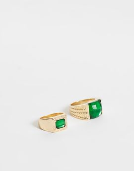 ASOS DESIGN ASOS DESIGN pack of 2 stone set vintage rings in gold tone with green stone set