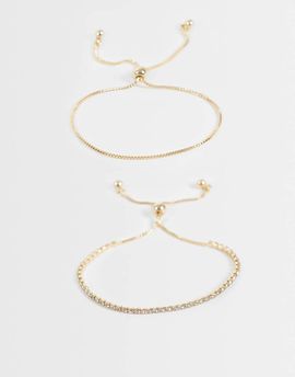 ASOS DESIGN ASOS DESIGN pack of 2 toggle bracelets with crystal cupchain in gold tone with gift bag