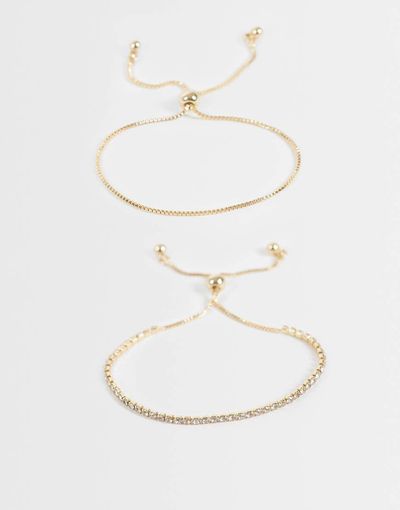 ASOS DESIGN ASOS DESIGN pack of 2 toggle bracelets with crystal cupchain in gold tone with gift bag