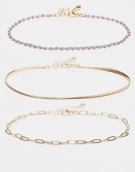ASOS DESIGN ASOS DESIGN pack of 3 anklets with purple beads and chain in gold tone