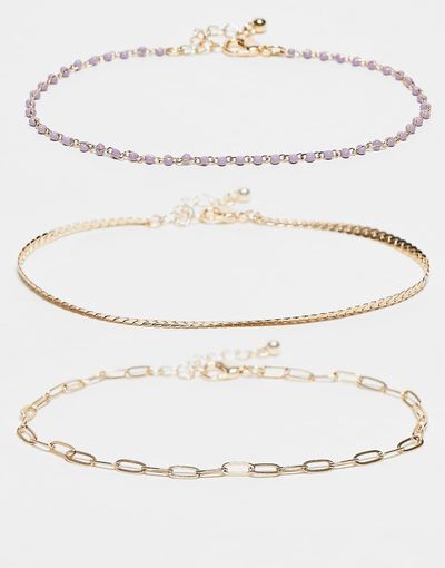 ASOS DESIGN ASOS DESIGN pack of 3 anklets with purple beads and chain in gold tone