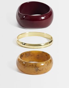 ASOS DESIGN ASOS DESIGN pack of 3 bangles in burgundy resin and brushed gold tone-Multi