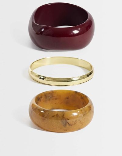 ASOS DESIGN ASOS DESIGN pack of 3 bangles in burgundy resin and brushed gold tone-Multi