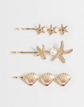 ASOS DESIGN ASOS DESIGN pack of 3 hair clips with mixed sea-life design in gold tone