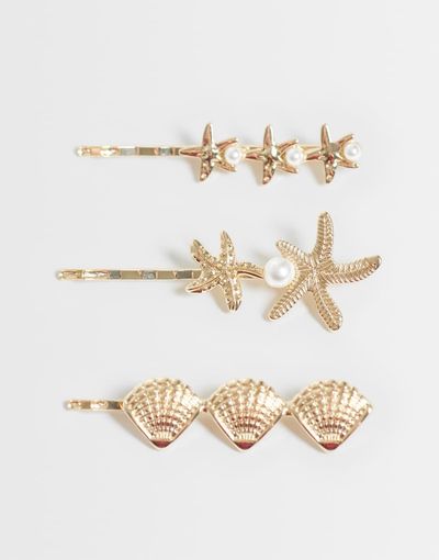 ASOS DESIGN ASOS DESIGN pack of 3 hair clips with mixed sea-life design in gold tone
