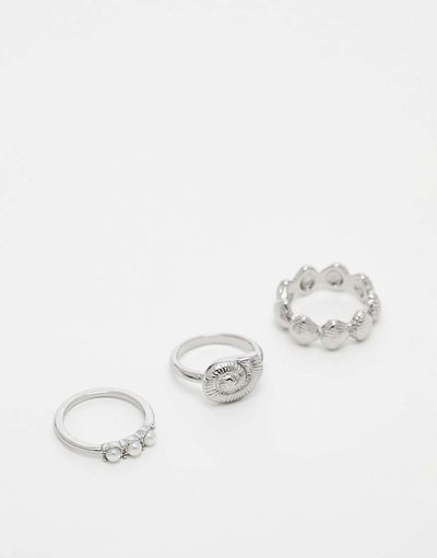ASOS DESIGN ASOS DESIGN pack of 3 rings in shell and faux pearl design in silver tone