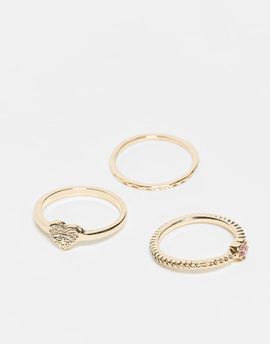 ASOS DESIGN ASOS DESIGN pack of 3 rings with pink sparkly crystal heart designs in gold tone