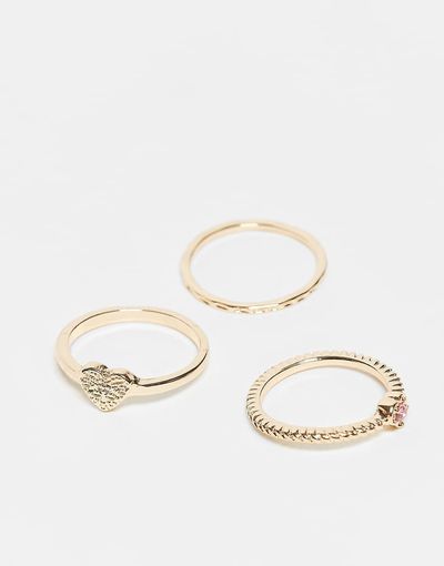 ASOS DESIGN ASOS DESIGN pack of 3 rings with pink sparkly crystal heart designs in gold tone