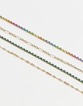 ASOS DESIGN ASOS DESIGN pack of 4 fine bracelets with multi colored sparkly rhinestones in gold tone