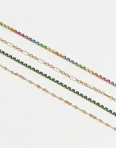 ASOS DESIGN ASOS DESIGN pack of 4 fine bracelets with multi colored sparkly rhinestones in gold tone
