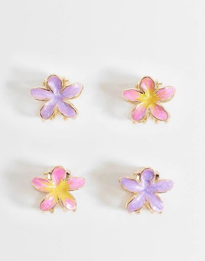 ASOS DESIGN ASOS DESIGN pack of 4 mini hair clips with flower design in pink and purple-Multi